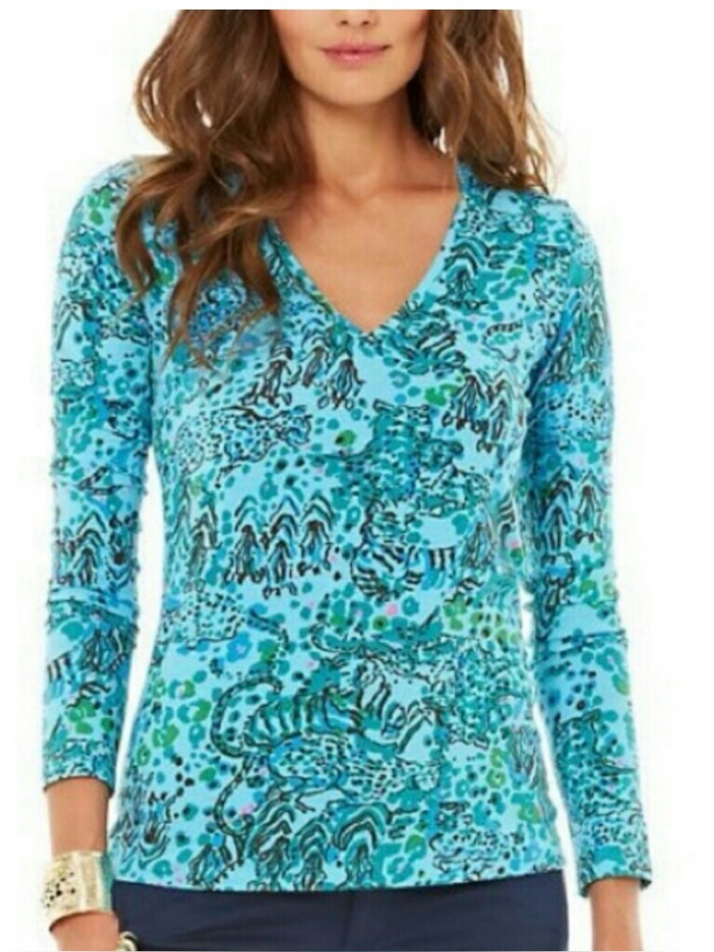 Lilly Pulitzer Cotton V-Neck Long Sleeve Escapades in the Everglades Medium